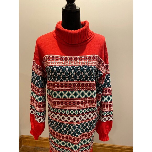 Crown & Ivy Sweater Dress Size Large Red Green Navy Fair Isle Look 60 % Cotton - Picture 2 of 12